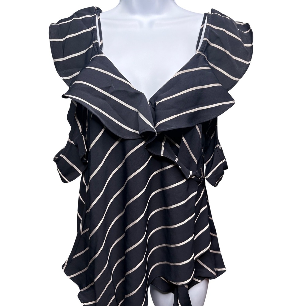 NWT KENDALL + KYLIE Womens Black Striped Ruffle Cold Shoulder Top S Celeb Girly